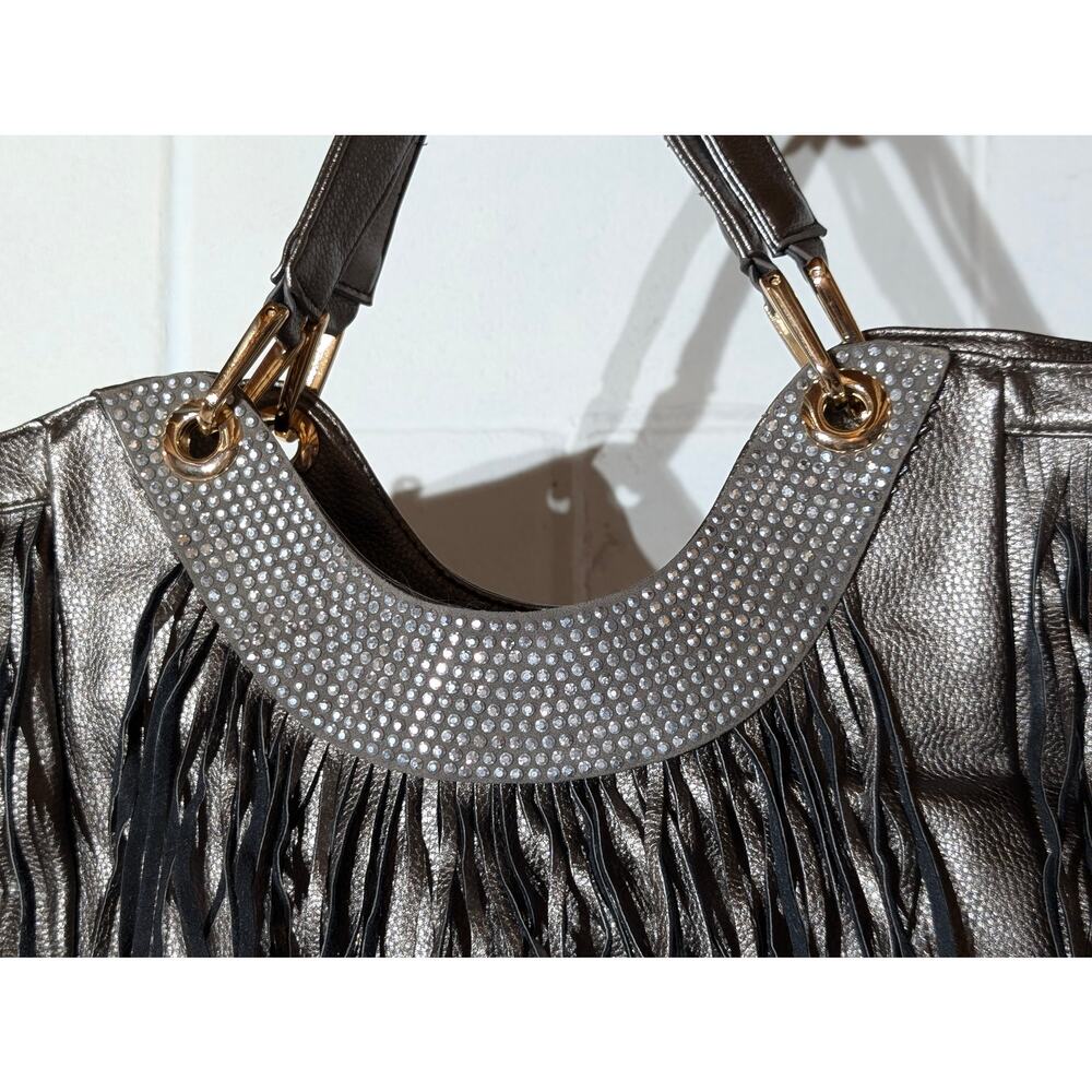 Metallic Silver Fringe Rhinestone Detail Shoulder Bag Hobo Purse Glam - Picture 4 of 6